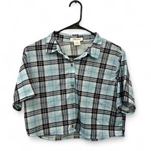 Passport Cropped Plaid‎ Button-Up Shirt Blue Black Size M